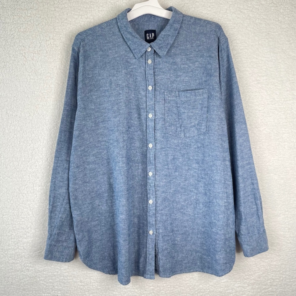 Gap Mens XXL Blue Linen Rayon Blend Long Sleeve Button Down Shirt QLT7143S